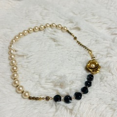 2Ways コットンパールと黒ビーズのフラワー ネックレス ブレ...