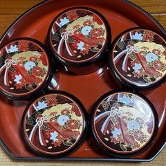 山中漆器 漆塗り 寿司桶 蓋付き器＆茶碗 5客用セット