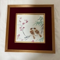 有田焼　秀峰作　絵　陶額　額入り　梅と雀