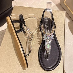 ビジュー付きブラックトングサンダルの画像