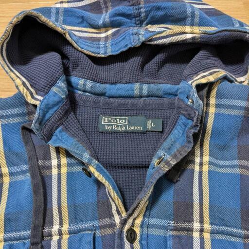 90s ラルフローレン フード付きネルシャツ　ブルー　サーマル　ビンテージ 90s古着 ラルフローレンRALPHLAURENネルシャツパーカー総サーマル裏地