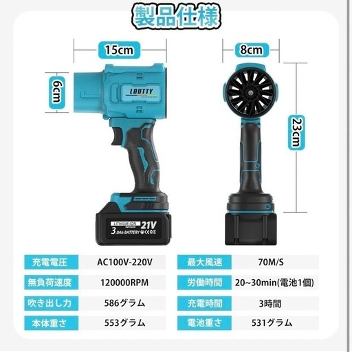 【新品未使用】ジェットブロワー 洗車 3000mAh バッテリー2個付き パワフルモーター