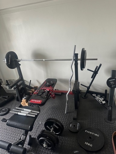 ベンチプレス、セーフティー、スクワット、ハーフデットラック、インクラインベンチ、ダンベルシャフト４本、バーベル一本、ダブルバー一本、プレートラック、プレート160キロ