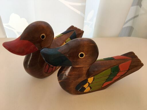 つがいのキロギ おしどり木彫り 縁起物 木製の置物 オブジェ レトロ 雁 鴨 水鳥 渡り鳥 ペア（韓国）