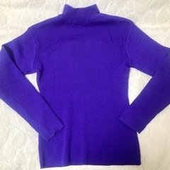 「A LAVEUGLETTE」メッセージ:パープル系ハイネック長袖リブ編みニット:セーター:Mサイズ:日本製:ウール100%の画像