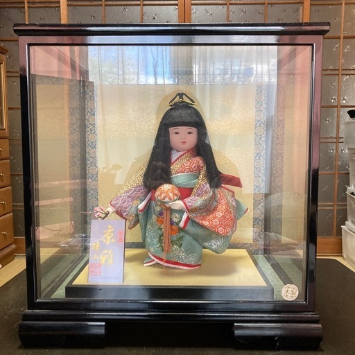 琇山作　「京雅」 日本人形　市松人形　ひな祭り　桃の節句　女の子　ショーケース入り　童子　着物　手毬　桃の花