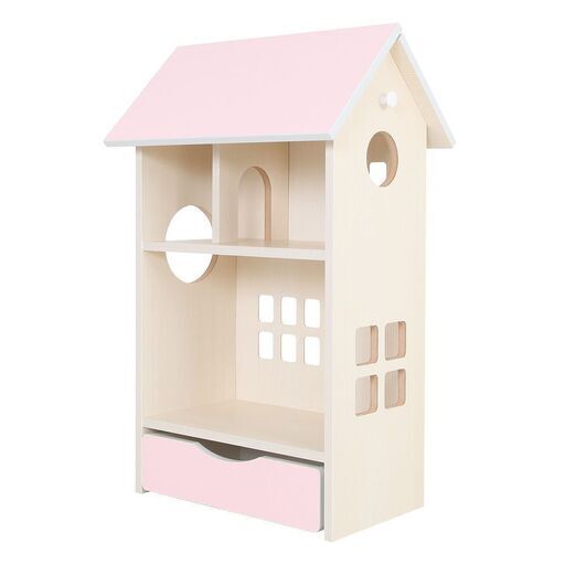 残り2点【新品】ドールハウスシェルフ 本体:ホワイト木目 屋根:ベビーピンク 日本製 処分品価格にてお譲り致します。幅54cm×奥行40.2cm×高さ89.5cm 子供家具 おもちゃ箱 完成品