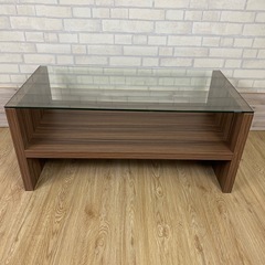 ガラス　ローテーブル　センターテーブル　ブラウン　木目調