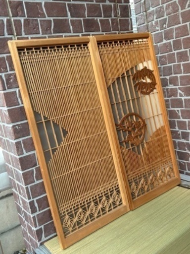 彫刻書院 格子 木製 彫刻 窓枠 欄間 和室 建具 古民家 松の図 七宝透かし 細密彫木彫和室古民具寺院寺社仏閣 
