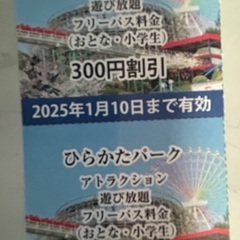 ひらパー　フリーパス300円割引2枚　1/10まで