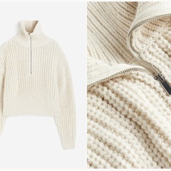 【クリーム色】チャンキーニット　ハーフジップセーター【Sサイズ】の画像