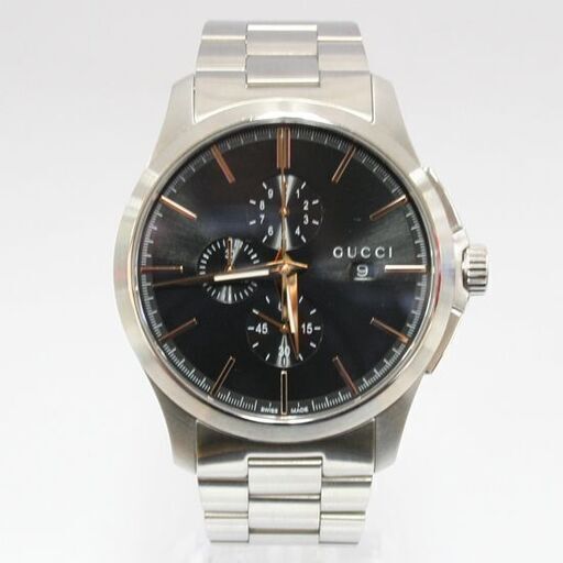 動作品 GUCCI Gタイムレスクロノ YA126272 クオーツ式腕時計 デイト スモセコ 30分針 1/10秒針 ブラックダイヤル