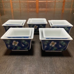 【新品未使用】軍配柄　角小鉢　大小重ね5客　ブルー　相撲土産　箱付き