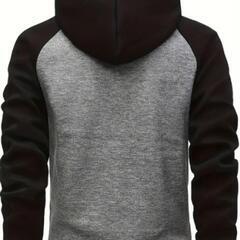 新品🉐XL春秋の男性用カラーブロックドローストリングフード付き長袖ジップアップジャケット、ポケット付き、ワークアウトトレーニングの画像