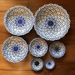 タイ食器7枚セット　　ホワイト&ブルー￼の画像