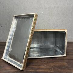 🔷🔶🔷WY15/22 茶箱 木箱 ブリキ張り 収納箱 蓋付 着物収納 道具箱 ヴィンテージ 昭和レトロ アンティーク 古民具 古道具 ★直接引取歓迎🔷🔶🔷の画像
