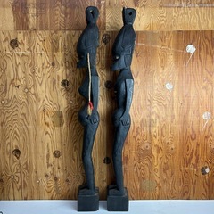 M1225603K 高さ122㎝ セットアフリカ 木彫 民族  オブジェ  置物  プリミティブアート  フォークアート アンティーク 現状品 中古品  の画像