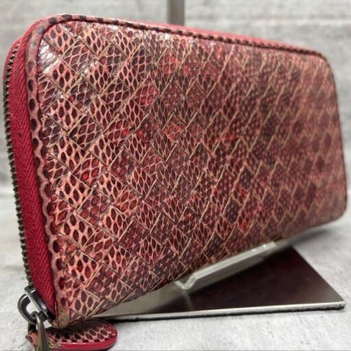 希少・蛇革】BOTTEGA VENETAラウンドファスナー パイソン レッド系