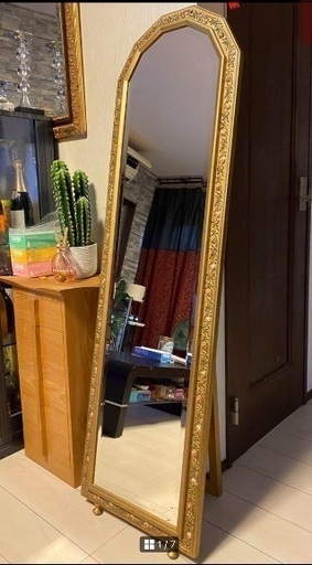 ゴールド スタンドミラー 姿見 アンティークミラー、45cmX153cm Used・美品