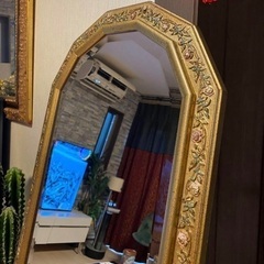 ゴールド スタンドミラー 姿見 アンティークミラー、45cmX153cm Used・美品の画像