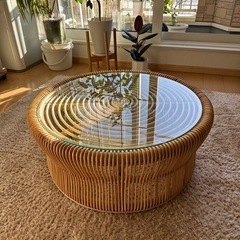 【美品】ローテーブル ガラス天板 ラタン　