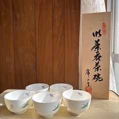 庫山釜茶碗5個セット鶴縁起物湯のみ緑茶日本食器の画像