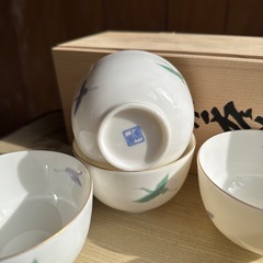 庫山釜茶碗5個セット鶴縁起物湯のみ緑茶日本食器の画像