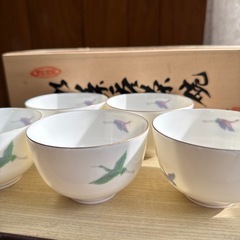 庫山釜茶碗5個セット鶴縁起物湯のみ緑茶日本食器の画像