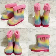 【新品16cm】長靴 子供 キッズ かわいい 虹色 リボン付き ボア付き ブーツの画像