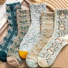 新品🉐5足セット ヴィンテージコートスタイルソックス、レトロフローラルプリントミッドチューブソックス、レディースストッキング＆ホージェリーの画像