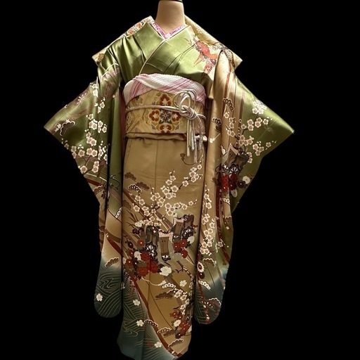 ★上品な古典柄振袖★振袖フルセット　抹茶色　緑系　金彩　御所車　ぼかし染　正絹