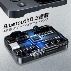 【新品未使用】① Bluetooth 5.3 トランスミッター & レシーバー 3.5mm 2台同時接続 17時間再生 受信機+送信機 2-in-1 ブルートゥース ハンズフリー通話 音楽再生 低遅延 LEDディスプレイ ナビ 一体型オーディオケーブル設計 テレビ 車 飛行機 など適用 充電しながら使用可の画像