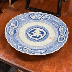 江戸期 古伊万里 染付 線描 松竹梅文 花唐草 1尺4寸皿