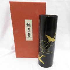 骨董・民芸品 輪島塗 花器 花瓶 漆器 鶴 黒 金彩 【キモノオ...