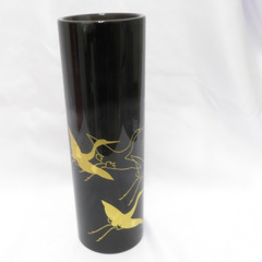 骨董・民芸品 輪島塗 花器 花瓶 漆器 鶴 黒 金彩 【キモノオフ野々市若松店】の画像