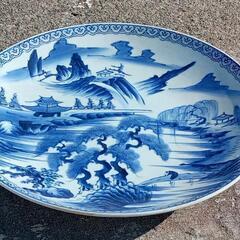 USED ヴィンテージ 陶器 大皿 37.5cm 水墨 山水 飾り皿 皿鉢 盛り皿の画像