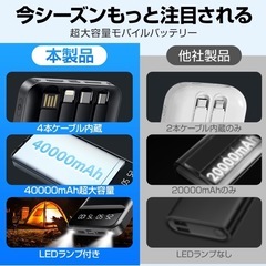 【新品未使用】① モバイルバッテリー 大容量 40000mAh 4本内蔵ケーブル 5台同時充電 急速充電 22.5W 軽量 小型 携帯充電器 スマホ充電器 充電器 LED懐中灯 残量表示 防災グッズ 通勤 通学 出張 バッテリー iPhone/iPad/Android対応 の画像