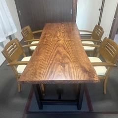 一枚板　無垢　松の一枚板　未使用　ダイニングテーブル　セット　引取り限定の画像