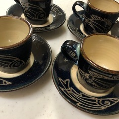 値下げ中！やちむん壺屋焼き　金城敏男　魚紋コーヒーカップ4セット 値下げ中！やちむん壺屋焼き 金城敏男 魚紋コーヒーカップ4セット