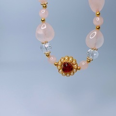 ハート　ローズクォーツ　フリーサイズ　デザインブレスレット　天然石ブレスレットの画像