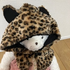 ヒョウ柄　フェイクファーフード