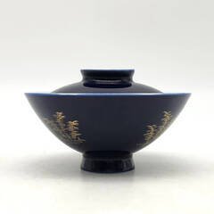 ss7191　深川製磁 夫婦茶碗 蓋付 共箱入り 宮内庁御用達 有田焼 茶わん 飯碗 陶磁器 青地 金彩 竹林 瑠璃色 和食器 めおと ペア レトロ 深川製磁 中古の画像