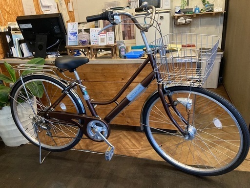 【前輪タイヤ・チューブ新品！】 LEDオートライト　6段変速　26インチ自転車　ブラウン