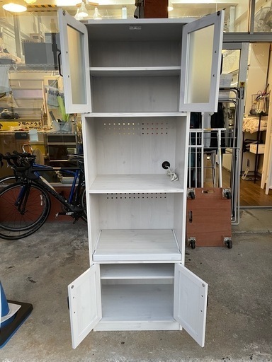 【食器棚スライドテーブル付き　ホワイト／木目】W58xD40xH182cm クリーニング済み※数ヶ所ダメージ、修復あります【12101