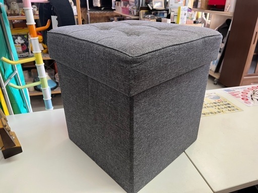 収納ボックス付 折りたたみ リビング スツール イス チェア カラー: グレー オットマン 中古品 ③