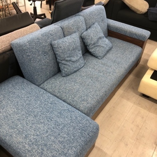 3人掛けソファー　オットマン付　ファブリック　ブルー　【トレファク堺福田店】