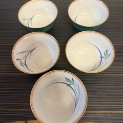 【皇室御用達】展示品 香蘭社 グリーン カトレア 金彩 湯呑み 5客セットの画像