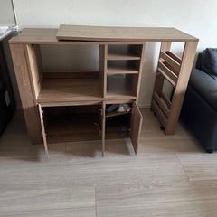 [幅99-170]伸縮式キッチンカウンター 食器棚 木目調  L...