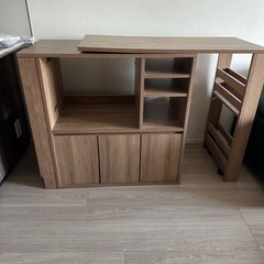 [幅99-170]伸縮式キッチンカウンター 食器棚 木目調  LOWYAの画像