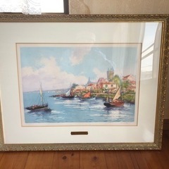 海外絵画、川岸の船